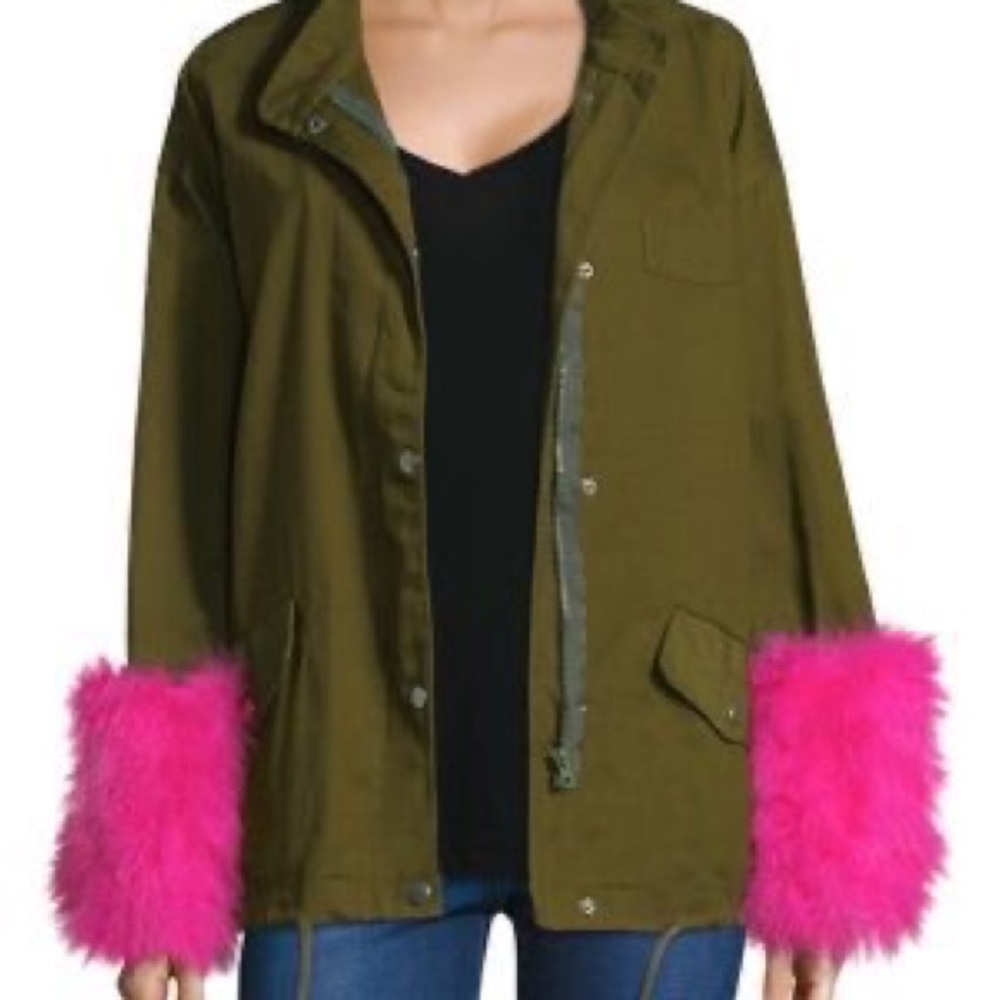 Pello Bello Army Green Utility Jacket Hot Pink Turkey feather Cuffs size XS